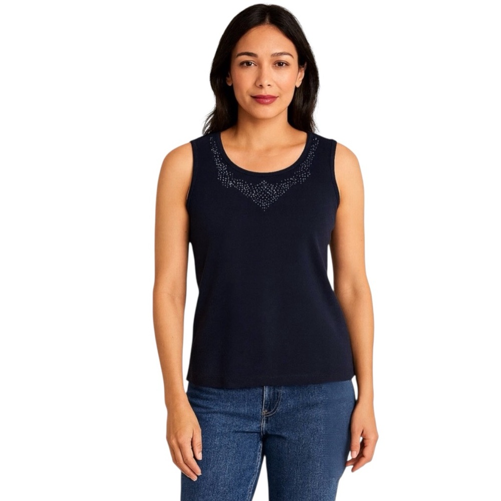 Preswick & Moore Petites Sport Tank Top Navy Blue Beaded Size PL